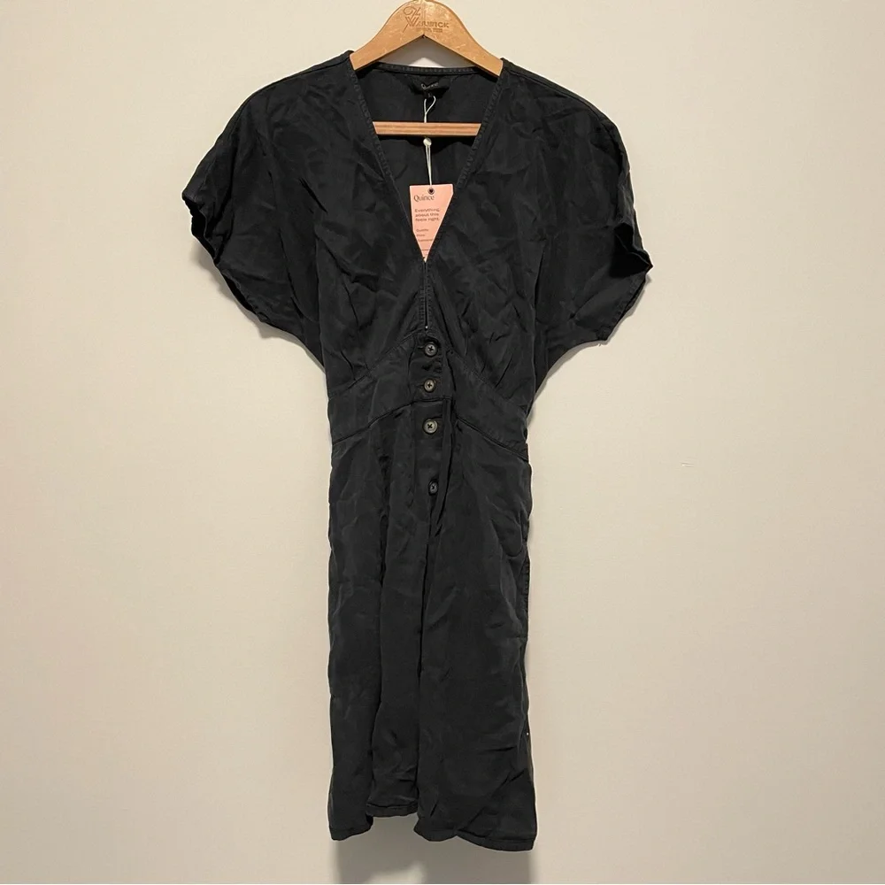 Quince Women's Small Black Tencel Midi Dress Button Down Short Sleeve Pockets - Picture 2 of 5